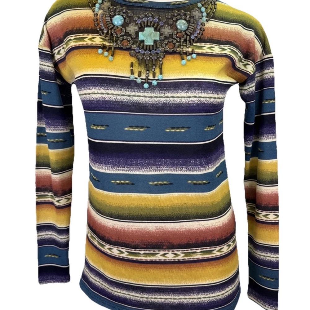 Double D Ranch Southwestern Stripe Long Sleeve Top in Mustard, Blue & Purple
